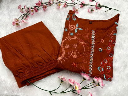 Rust Embroidered Floral Cotton Co-ord Set
