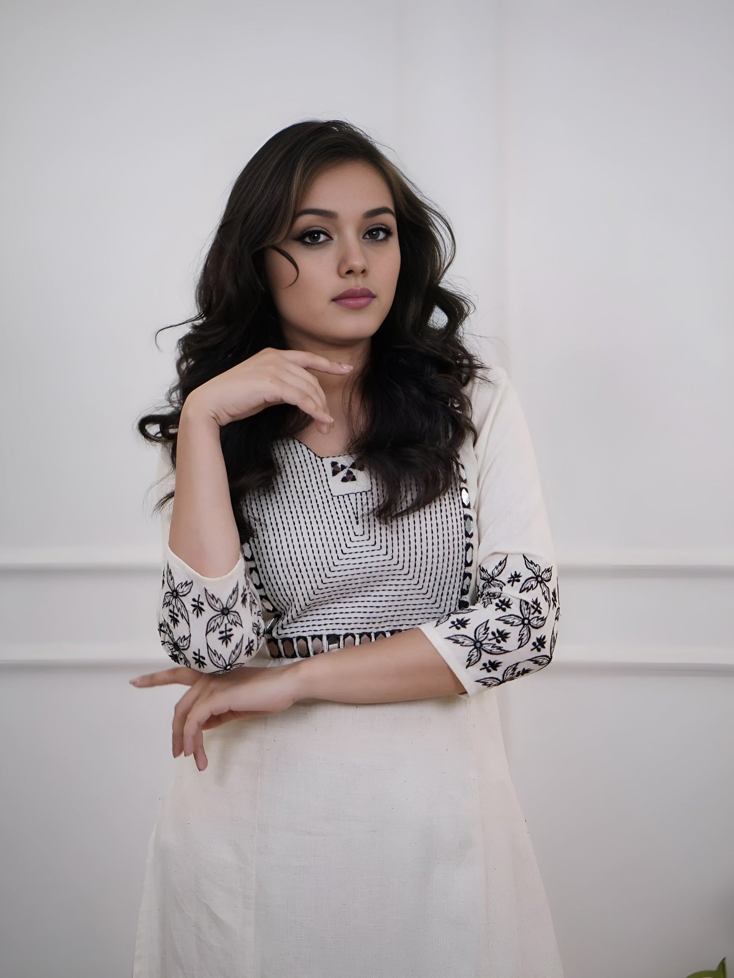 off-white embroidered floral & geometric kurta and pant set