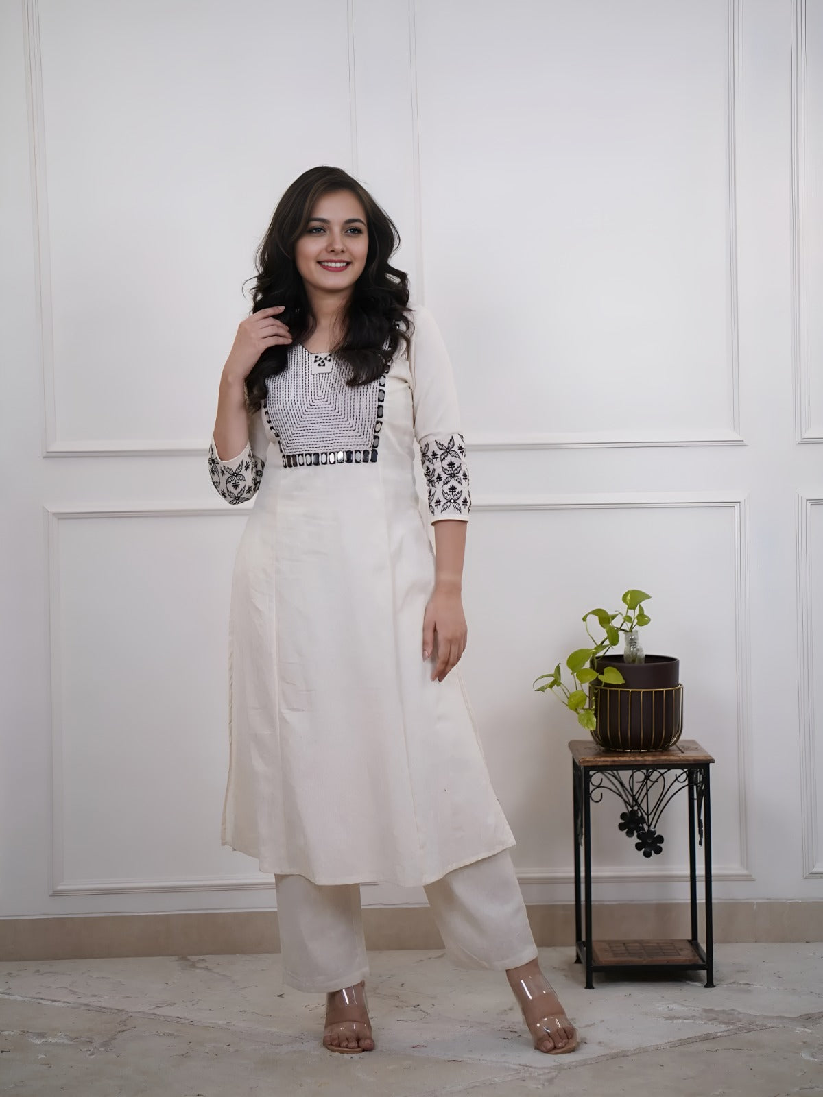 off-white embroidered floral & geometric kurta and pant set