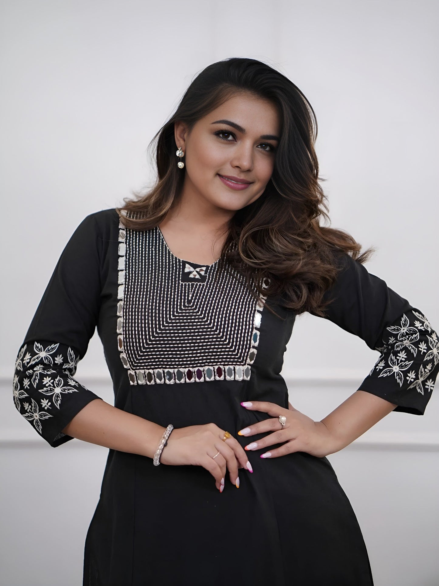 black embroidered floral & geometric kurta and pant set