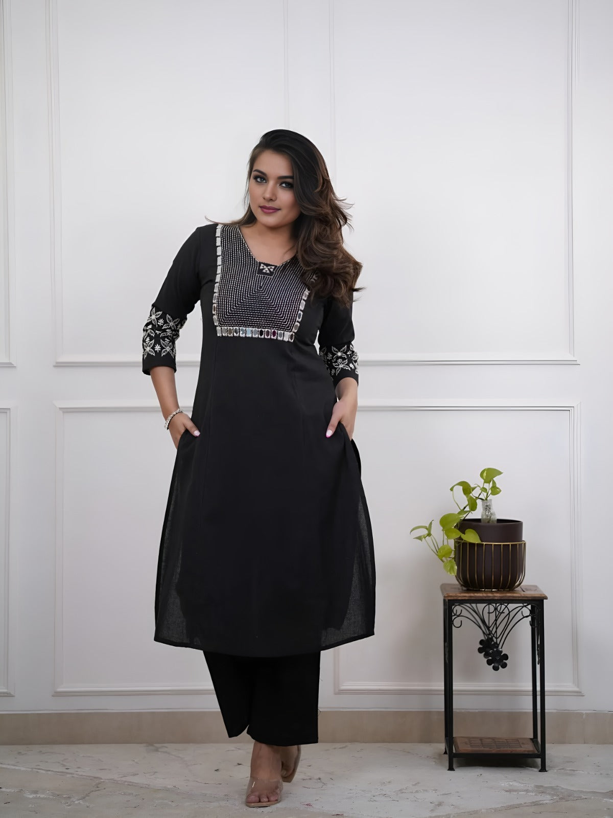black embroidered floral & geometric kurta and pant set