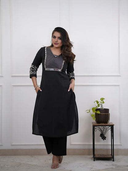 Black Embroidered Floral & Geometric Kurta and Pant Set