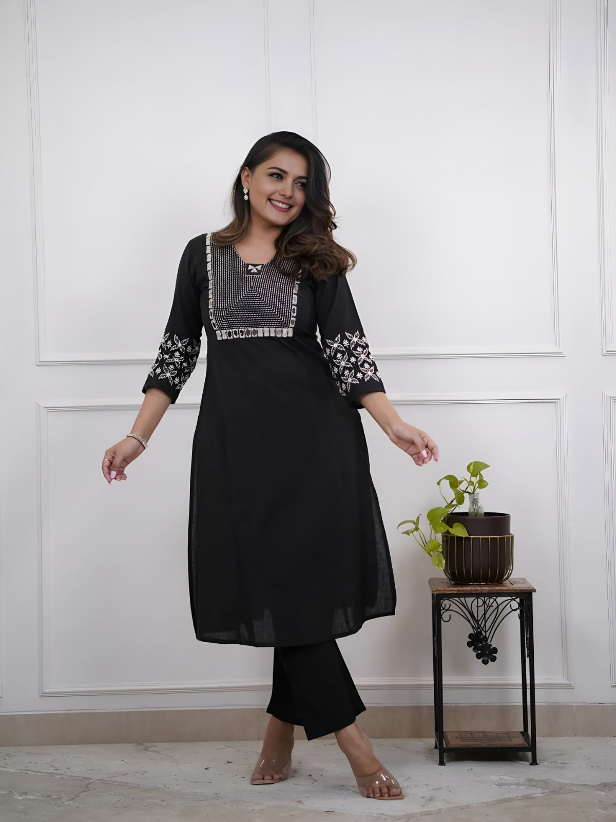 black embroidered floral & geometric kurta and pant set