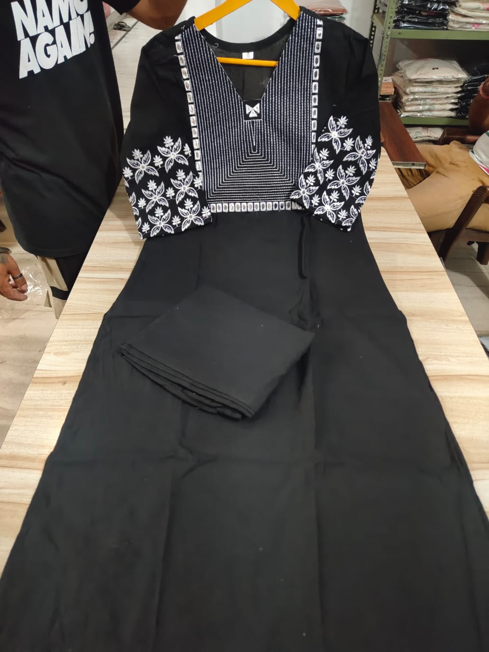 black embroidered floral & geometric kurta and pant set