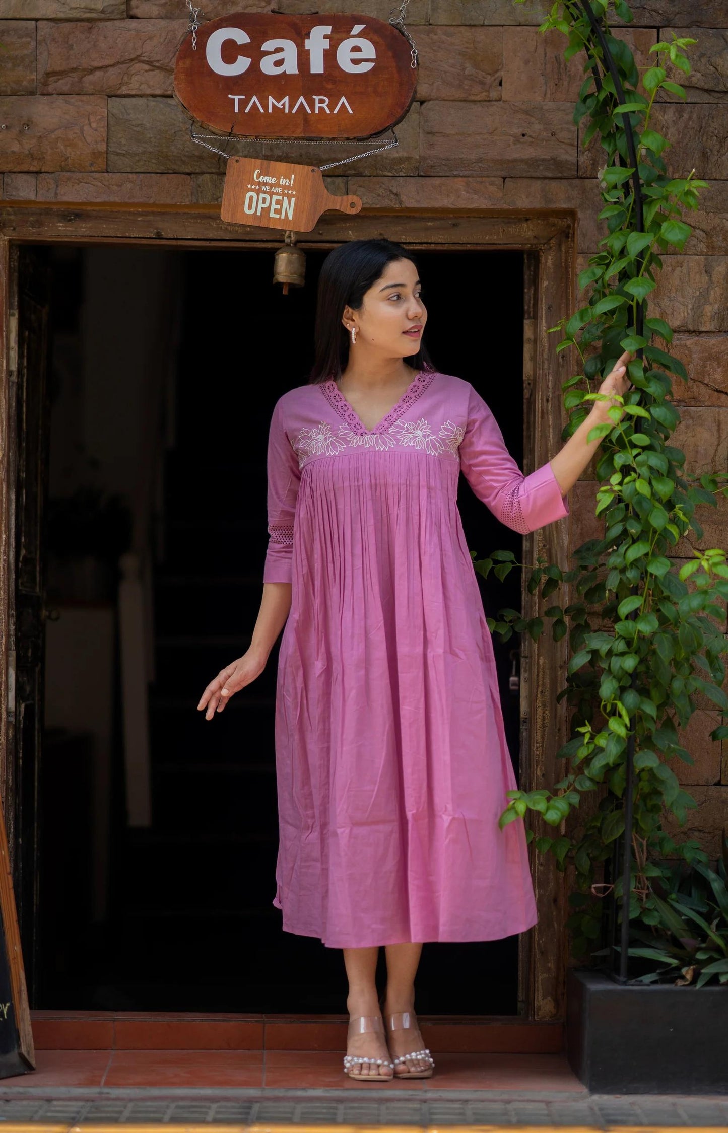 chic pink embroidered cotton a-line midi dress