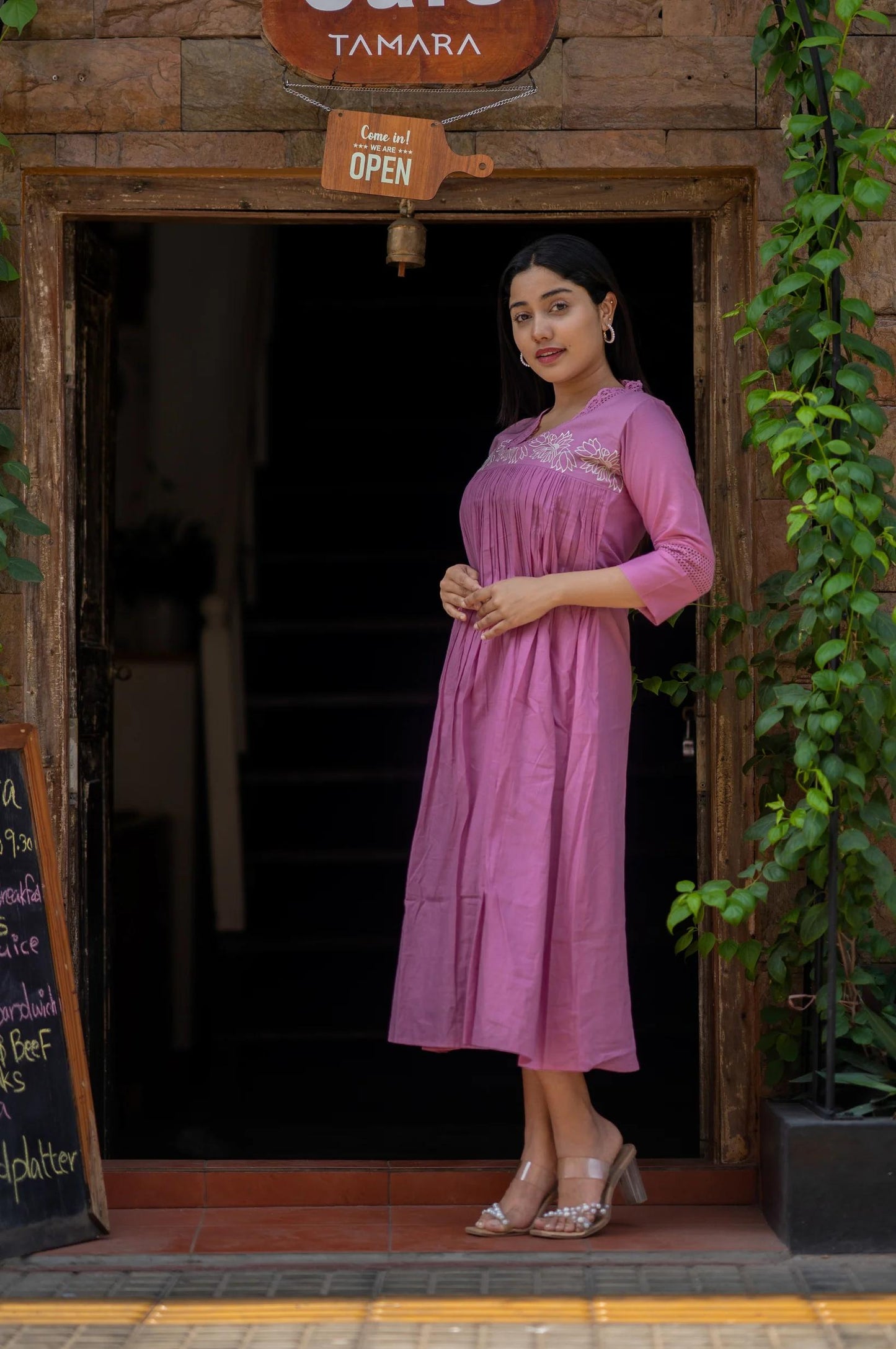 chic pink embroidered cotton a-line midi dress