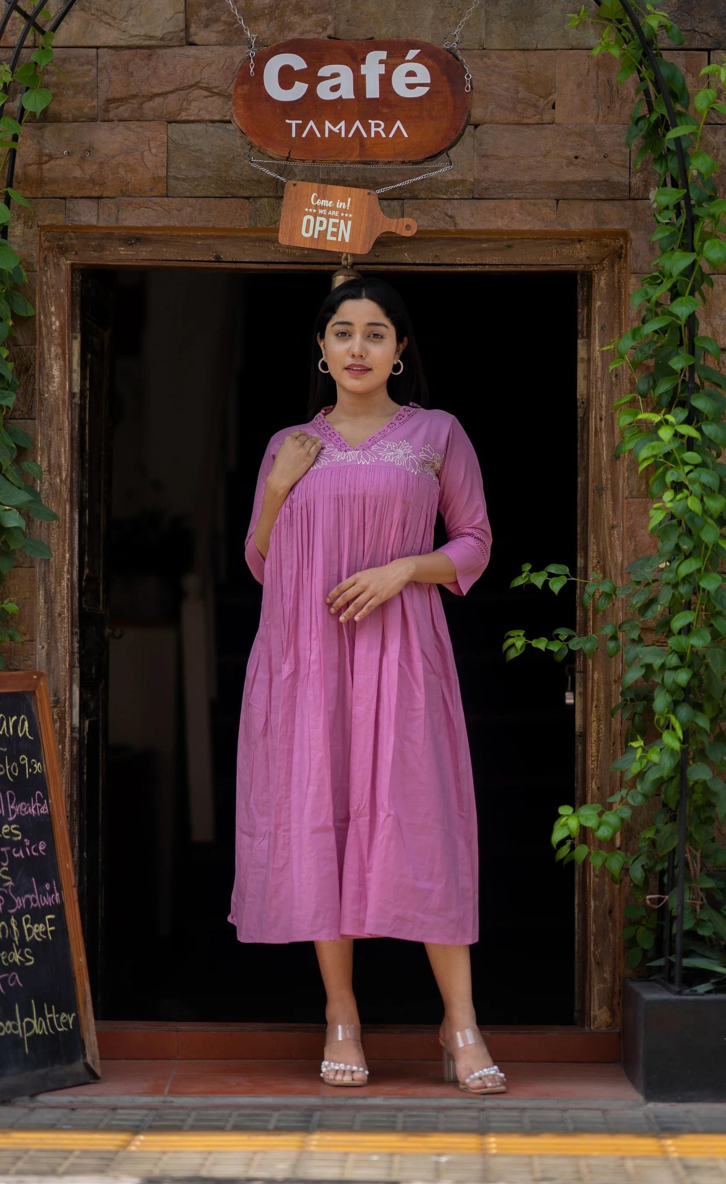 chic pink embroidered cotton a-line midi dress