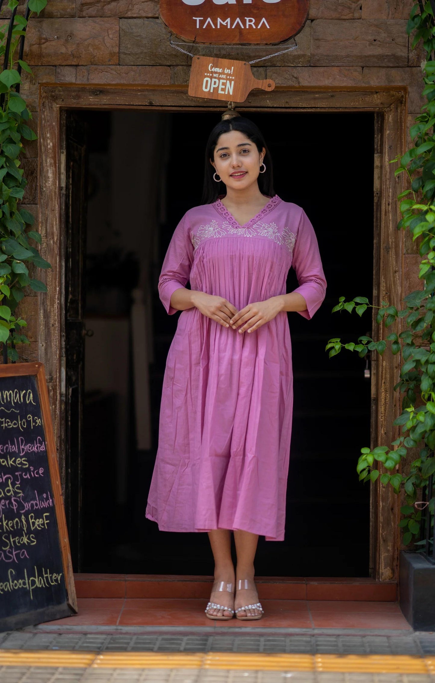 chic pink embroidered cotton a-line midi dress