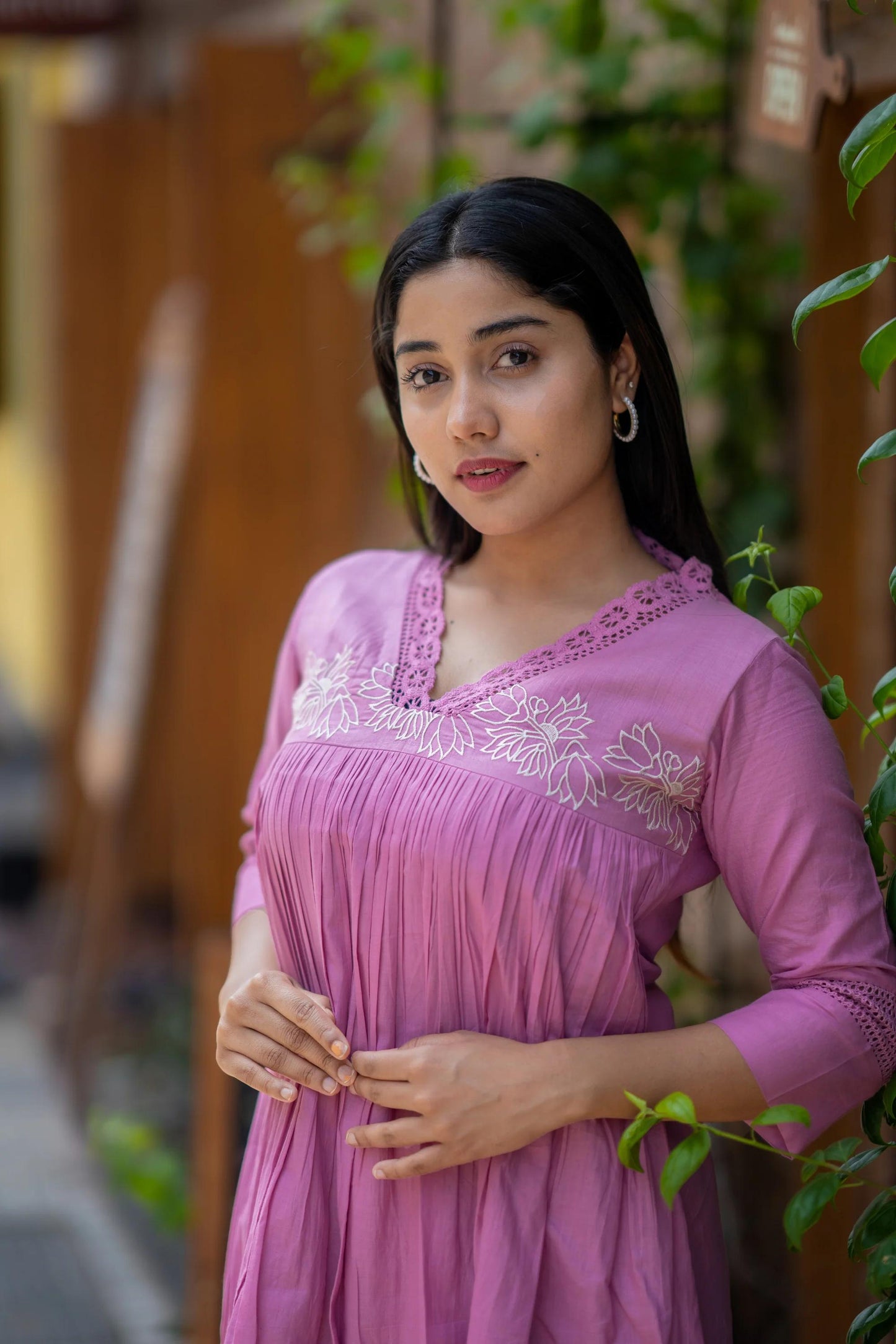 chic pink embroidered cotton a-line midi dress