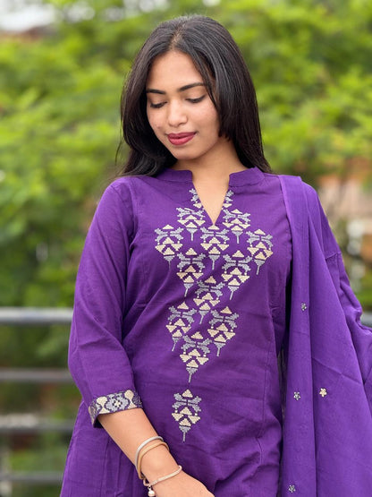 Deep Purple Embroidered Kurta with Pant & Dupatta Set