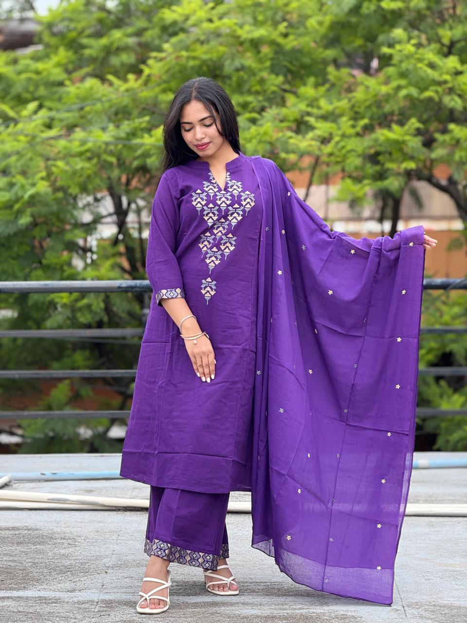 deep purple embroidered kurta with pant & dupatta set