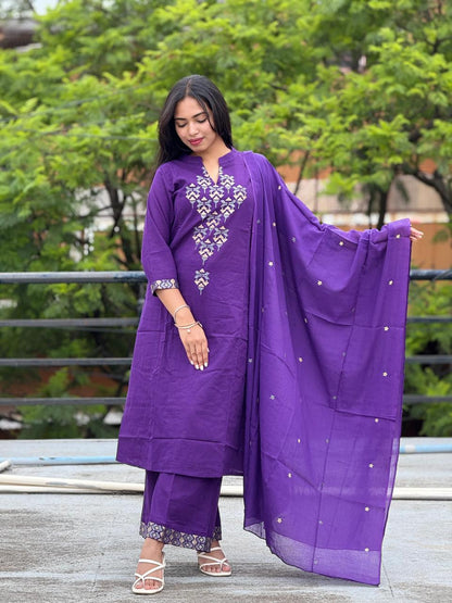 Deep Purple Embroidered Kurta with Pant & Dupatta Set