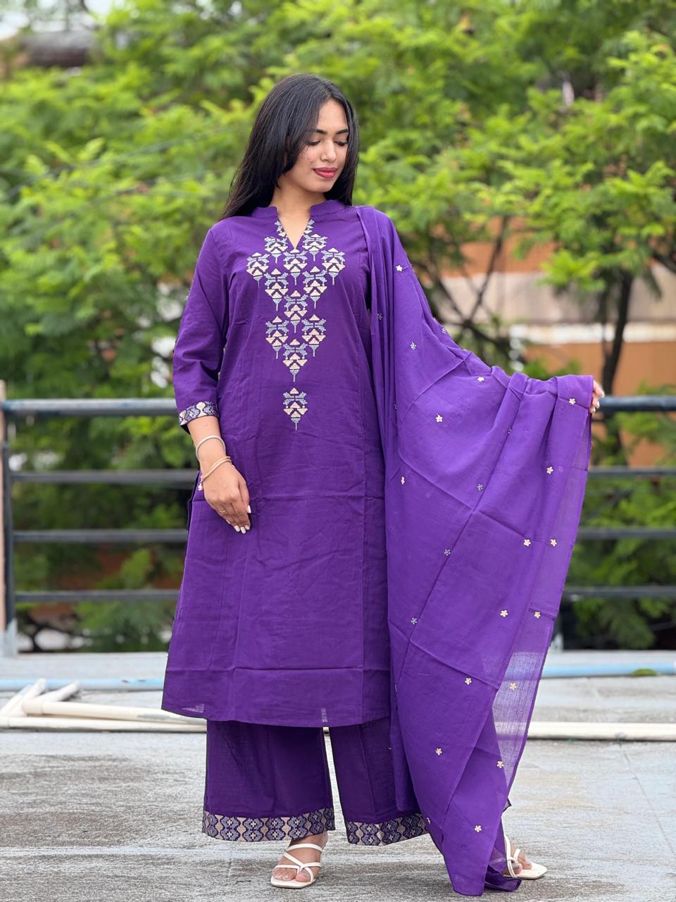 deep purple embroidered kurta with pant & dupatta set
