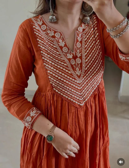 Rust Orange Embroidered Cotton Anarkali Set with Dupatta