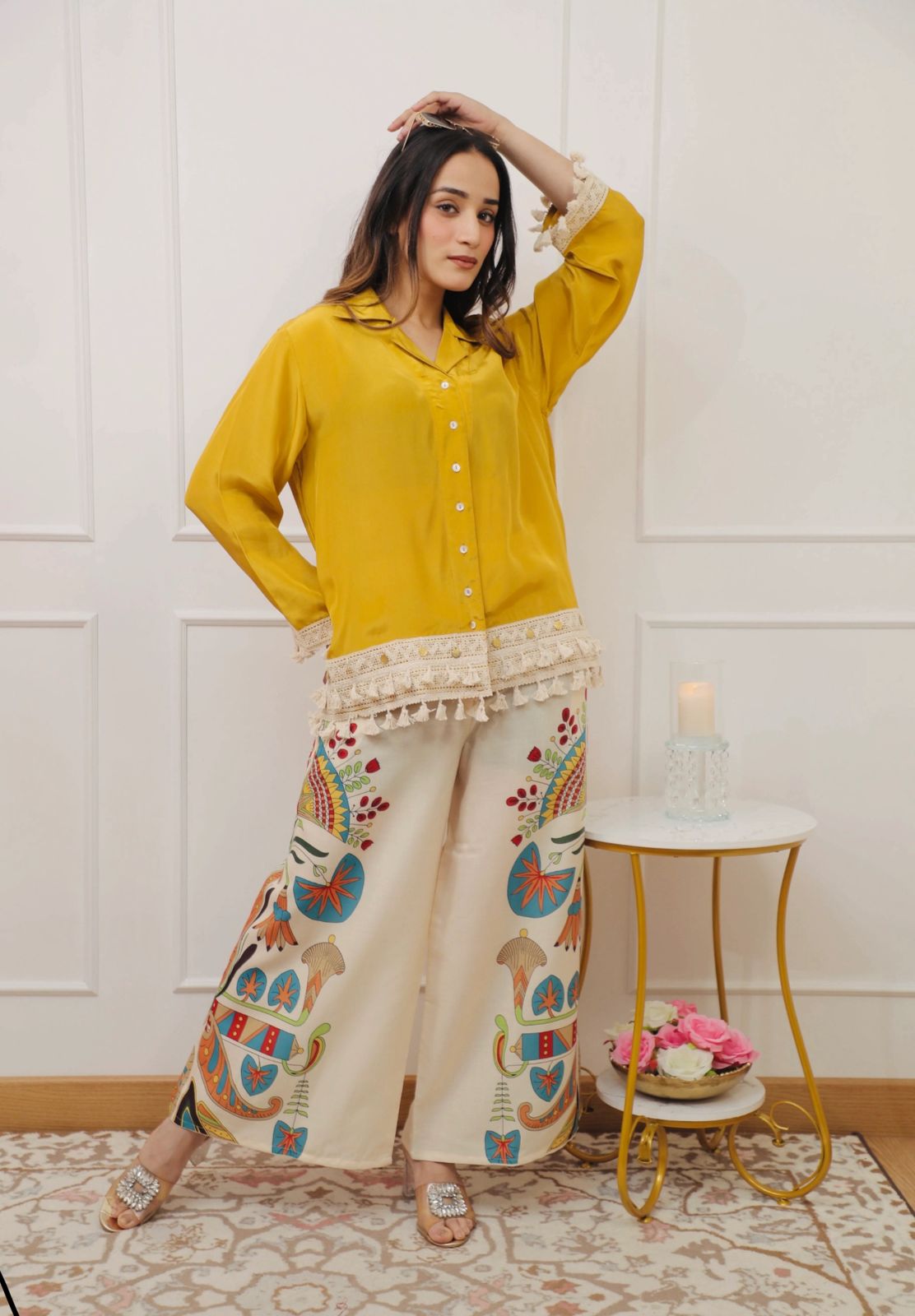 yellow boho embroidered coord set