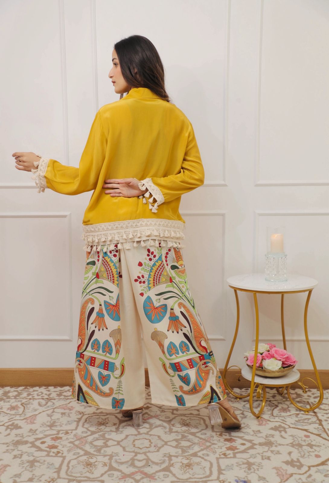 yellow boho embroidered coord set
