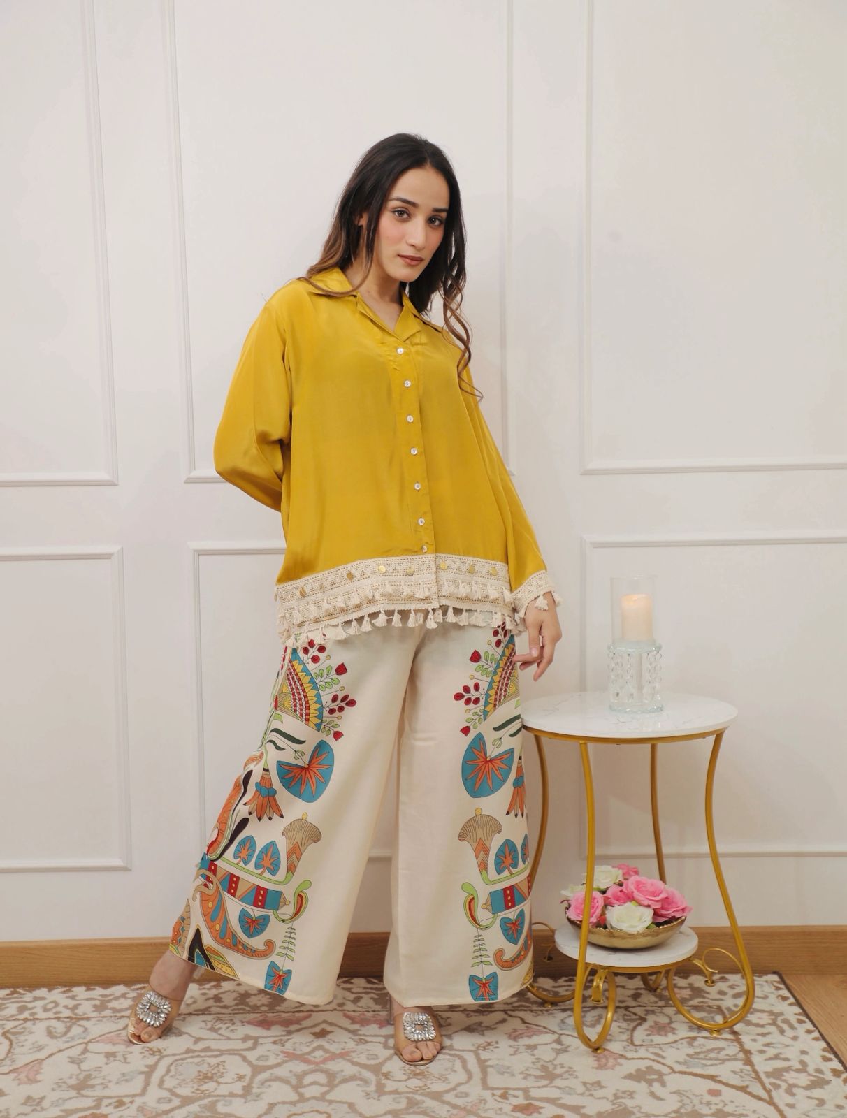 yellow boho embroidered coord set