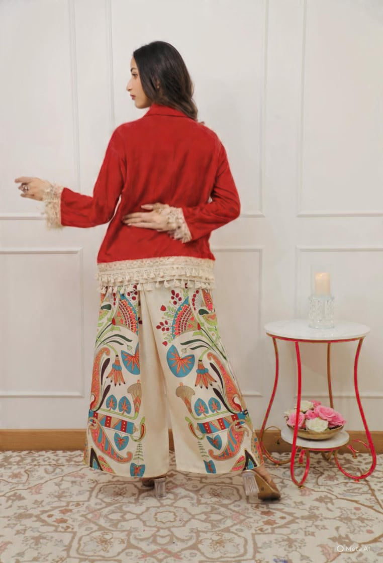 red boho embroidered coord set