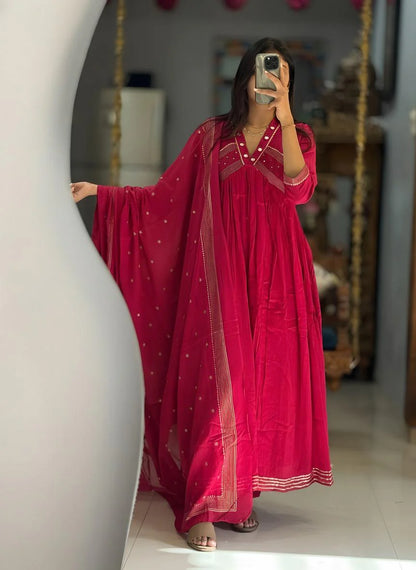Red Embroidered Anarkali Kurti Set with Dupatta | Festive Ethnic Wear for Women