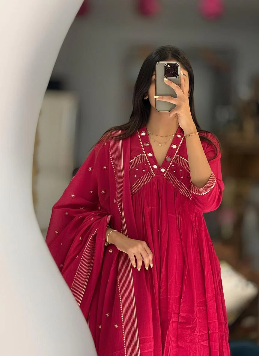 red embroidered anarkali kurti set with dupatta | festive ethnic wear for women