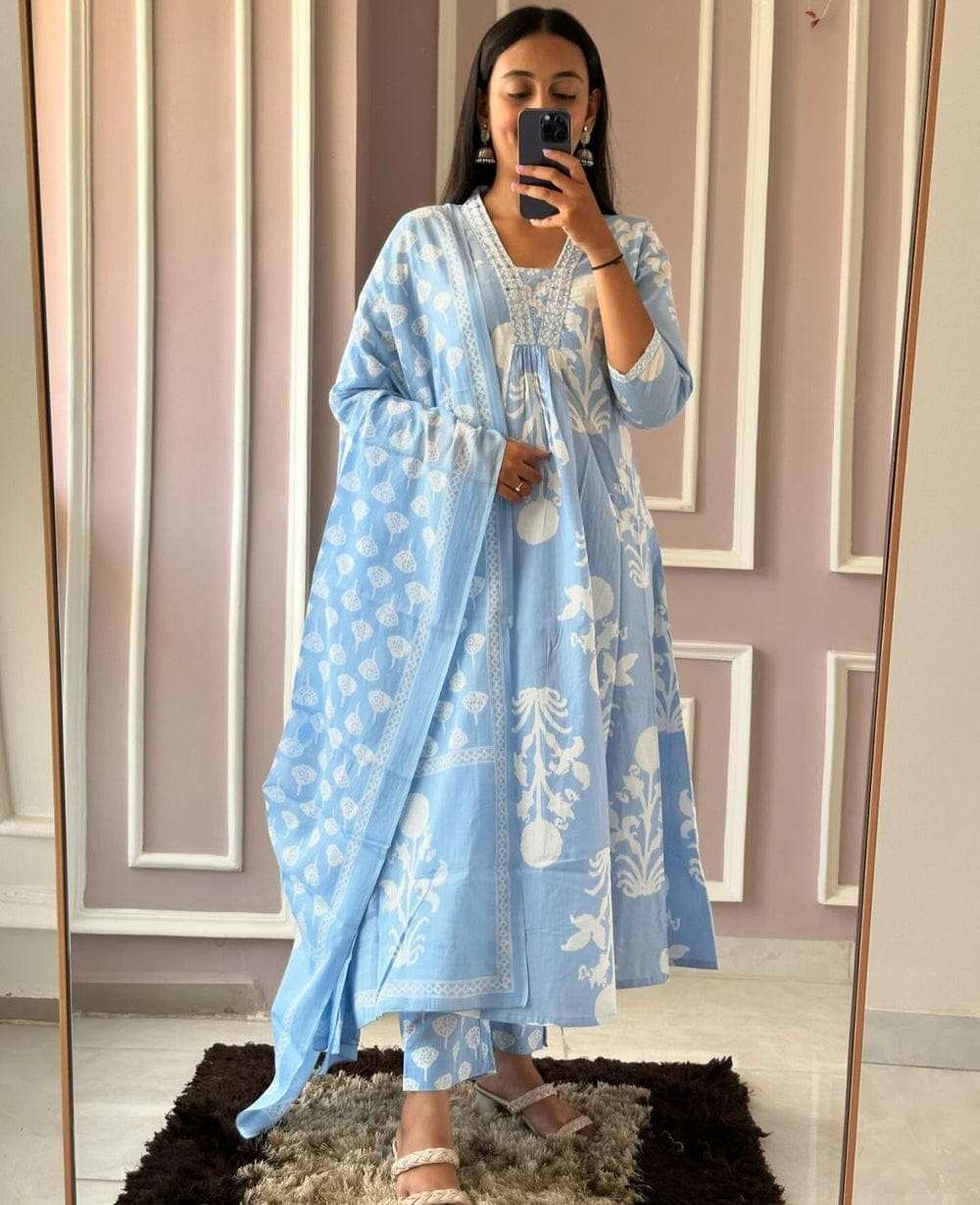 premium pure cotton printed long kurti with pant and dupatta set