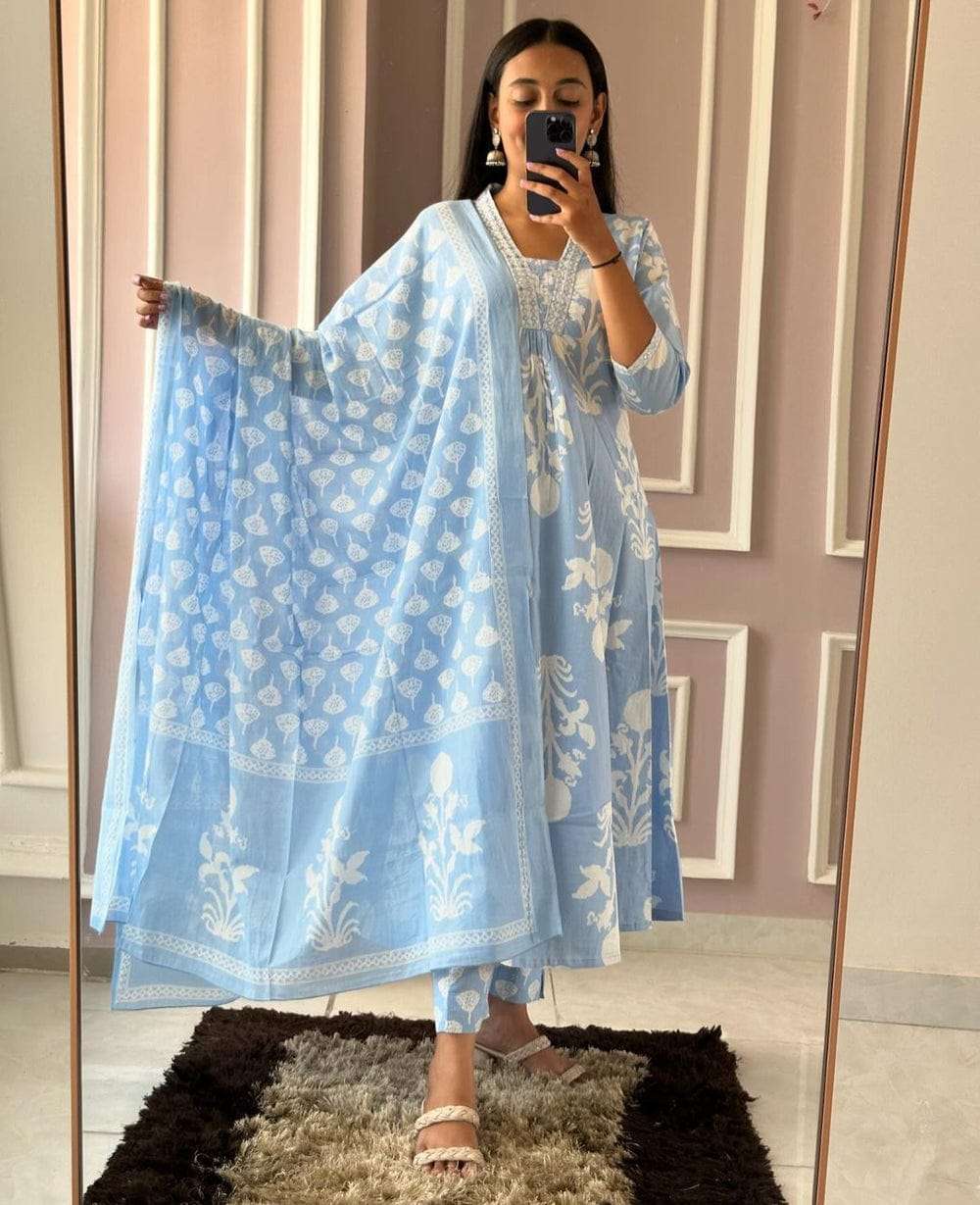 premium pure cotton printed long kurti with pant and dupatta set