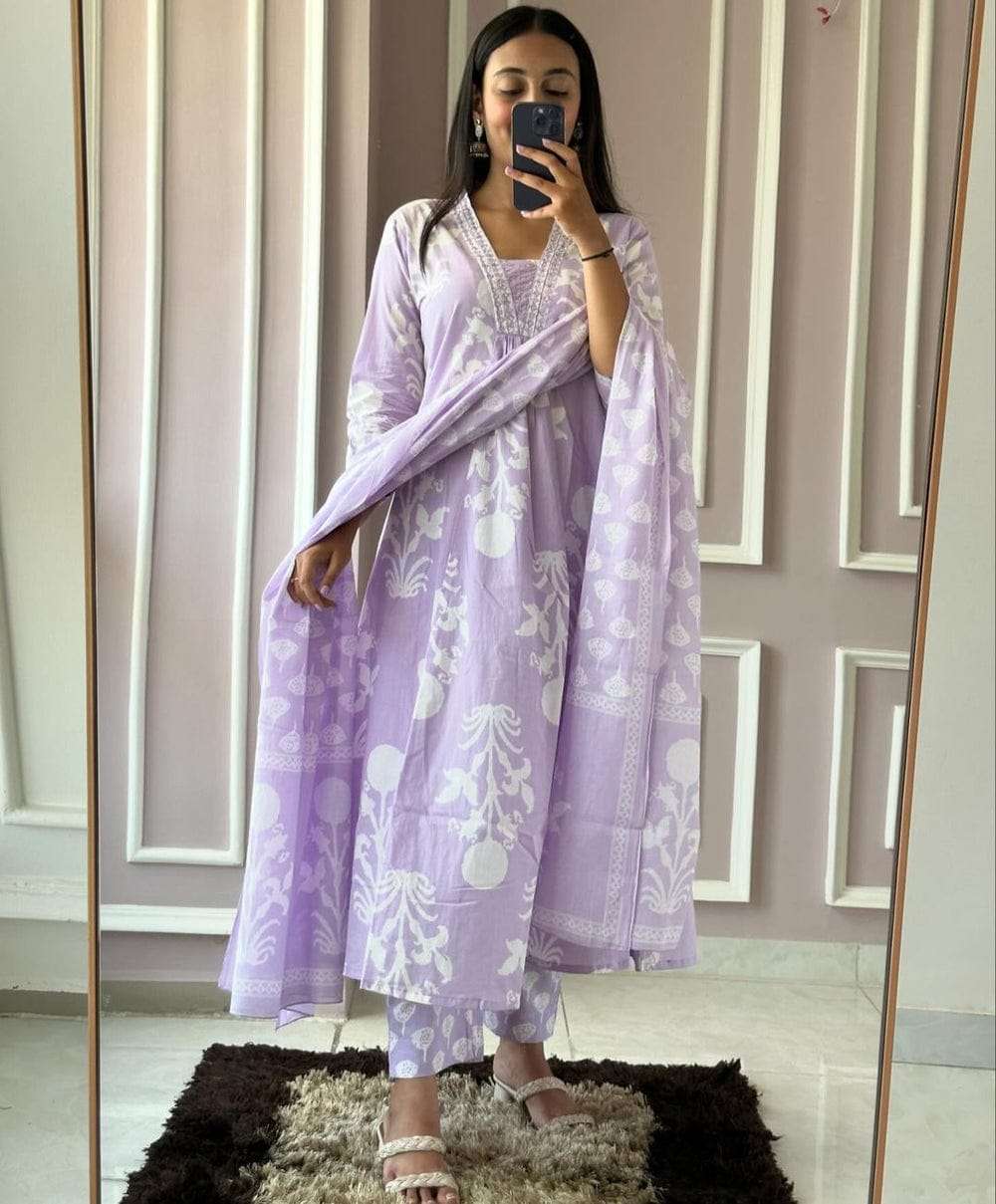 purple embroidered cotton kurta pant dupatta set for women
