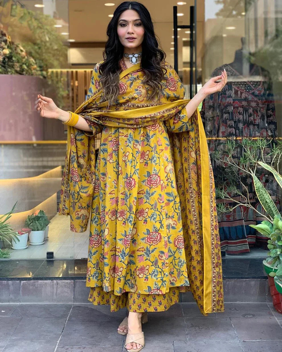 yellowish floral printed cotton kurta and pant set with mulmul dupatta