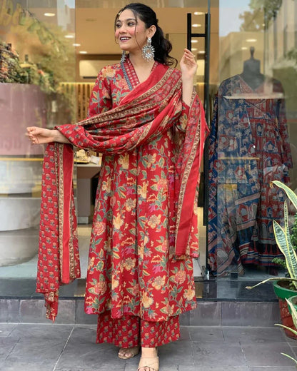 Reddish Floral Printed Cotton Kurta and Pant Set with Mulmul Dupatta